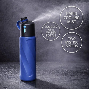 AlphaCool blue misting water bottle with text callouts for rapid cooling mist, water bottle use, and two misting speeds