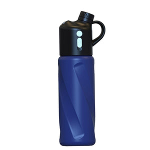 AlphaCool blue insulated water bottle with black lid and carry handle