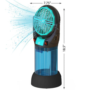 Portable misting fan with dimensions 7.75 inches wide and 18.5 inches tall