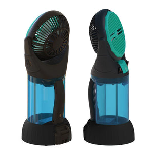 Two views of a portable black and teal misting fan with a blue water reservoir