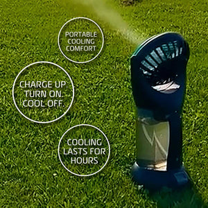Portable misting fan on grass with text overlays highlighting cooling comfort and battery life