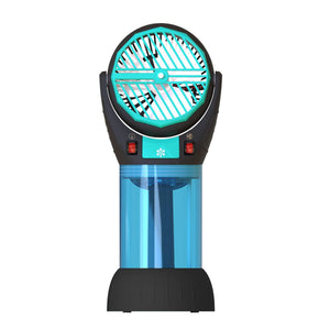 Portable handheld misting fan with teal and black casing and transparent water reservoir