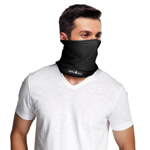 Man wearing a black AlphaCool neck gaiter with a white v-neck t-shirt