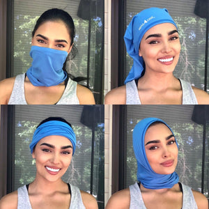 Woman demonstrating four different ways to wear a blue Alpha Cool neck gaiter