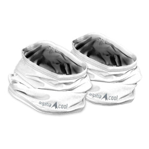 Two white Alpha Cool neck gaiters with grey interior lining