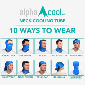 Alpha Cool neck cooling tube showing ten different ways to wear the accessory