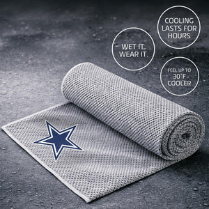AlphaCool Dallas Cowboys cooling towel with text overlays explaining cooling benefits