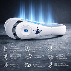 AlphaCool wearable neck fan with Dallas Cowboys logo and feature icons