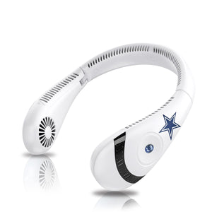 AlphaCool white wearable neck fan with Dallas Cowboys star logo and digital display