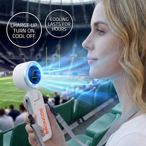 AlphaCool handheld fan with Broncos branding being used at a stadium