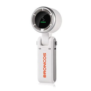 AlphaCool handheld fan with digital battery display and Broncos logo