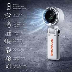 AlphaCool handheld fan with Broncos branding and feature list icons