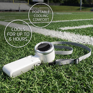 AlphaCool portable neck fan with grey lanyard on a football field