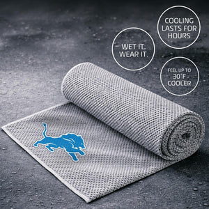 AlphaCool grey cooling towel with Detroit Lions logo and text overlays describing cooling benefits