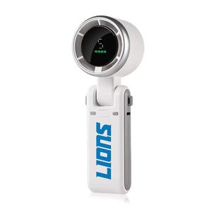 White portable handheld fan with digital display and Lions logo