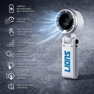 Lions portable handheld fan with digital display and eight key feature icons