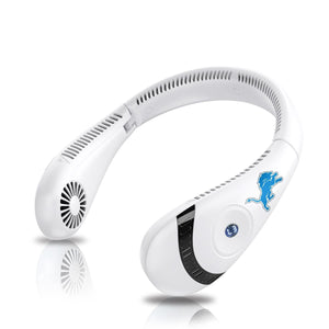White Detroit Lions neck fan with blue team logo and digital display