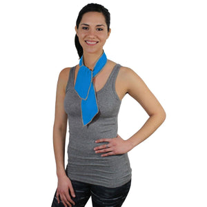 Woman wearing a blue AlphaCool cooling neck wrap