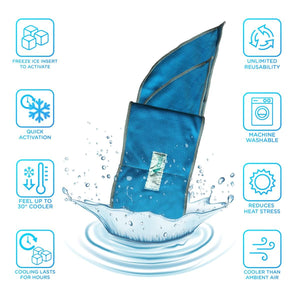 AlphaCool blue cooling towel with eight feature icons surrounding it