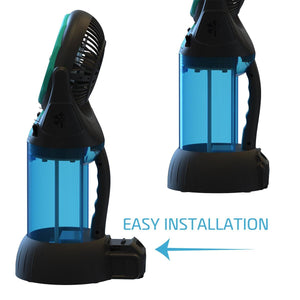 AlphaCool portable fan showing battery attachment for easy installation