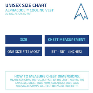 AlphaCool unisex cooling vest size chart showing one size fits most for chest measurements 33 to 58 inches