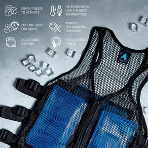 AlphaCool adjustable mesh cooling vest with ice pack inserts and feature icons