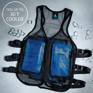 Alphacool black mesh cooling vest with blue ice packs and adjustable side straps