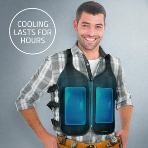 Man wearing an AlphaCool cooling vest with blue gel inserts