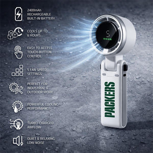 AlphaCool handheld fan with Packers branding and feature list including battery life and speed settings