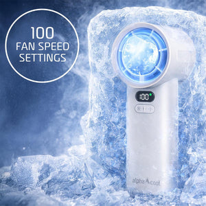 AlphaCool handheld fan with digital display showing 100 speed settings encased in ice