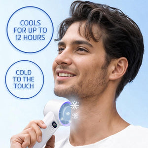 Man using an AlphaCool handheld cooling device on his neck with text overlays about cooling duration and temperature