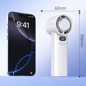 AlphaCool handheld fan with digital display next to a smartphone showing 60mm width and 156mm height dimensions