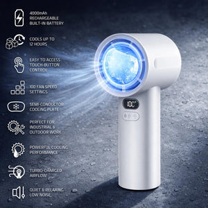AlphaCool handheld fan with digital display and cooling plate features list