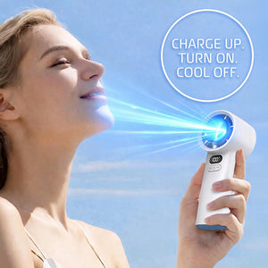 AlphaCool handheld fan blowing air on a person with a digital display showing battery percentage