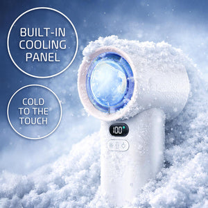 AlphaCool handheld fan with built-in cooling panel and digital display in snow