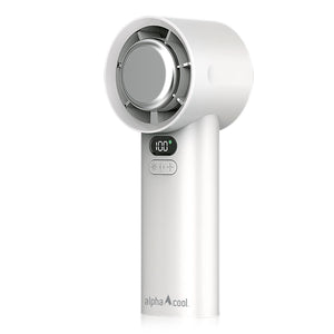 AlphaCool white handheld portable fan with digital display and control buttons