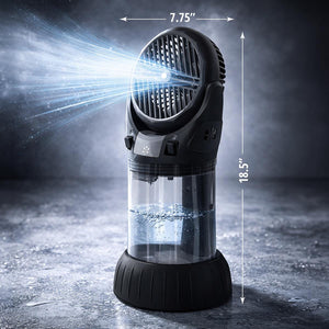 AlphaCool portable misting fan with dimensions 7.75 inches wide and 18.5 inches tall