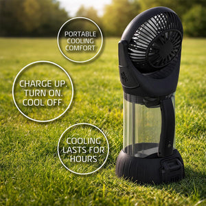 AlphaCool portable fan on grass with text overlays highlighting cooling features