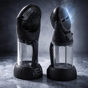 Two AlphaCool portable misting fans with clear water reservoirs on a wet surface