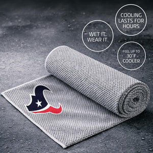AlphaCool grey cooling towel with Houston Texans logo on a wet surface