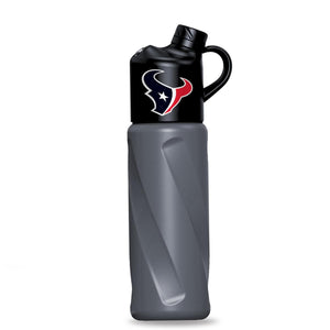 Grey Houston Texans water bottle with black lid and team logo
