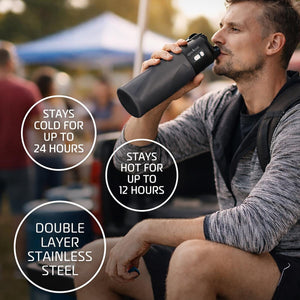 Man drinking from black Alpha Cool stainless steel bottle with temperature retention and material feature text overlays