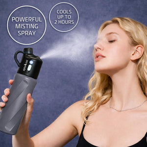 Woman using an AlphaCool misting water bottle