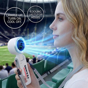 AlphaCool handheld fan with Houston Texans branding held by a woman in a stadium
