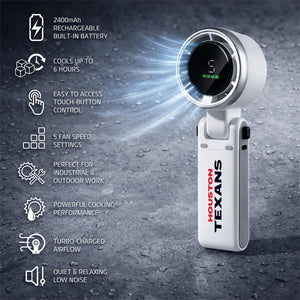 AlphaCool Houston Texans handheld fan with feature list and digital display