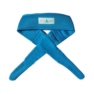 Blue AlphaCool cooling headband with a rectangular logo patch