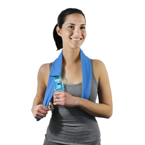 Woman wearing a blue AlphaCool cooling neck wrap with an ice pack insert