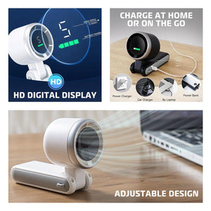 Portable fan with digital display showing wind speed and battery level with USB charging options and adjustable design