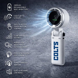 AlphaCool handheld fan with digital display and eight key features listed with icons