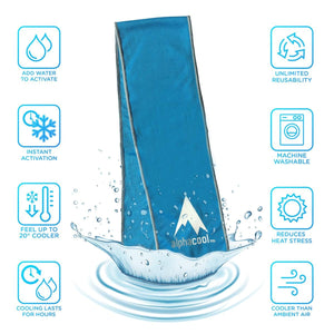 AlphaCool blue cooling towel with eight feature icons surrounding it